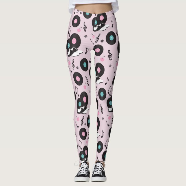 Leggings Disco retro de 80 discos rosados de vinilo (Anverso)