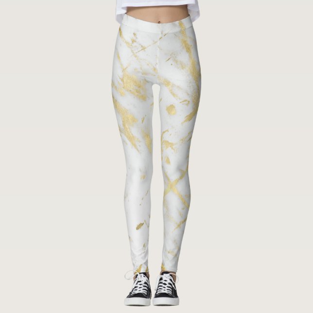 Leggings Diseñador Glam Moderno Chic Mármol Dorado y Blanco (Anverso)
