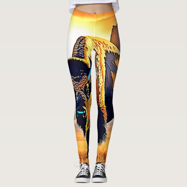 Leggings Diseño artístico de Sunset Mountain Bison (Anverso)