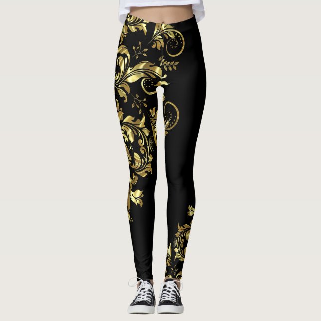 Leggings Diseño asimétrico de encaje floral de oro negro y  (Anverso)