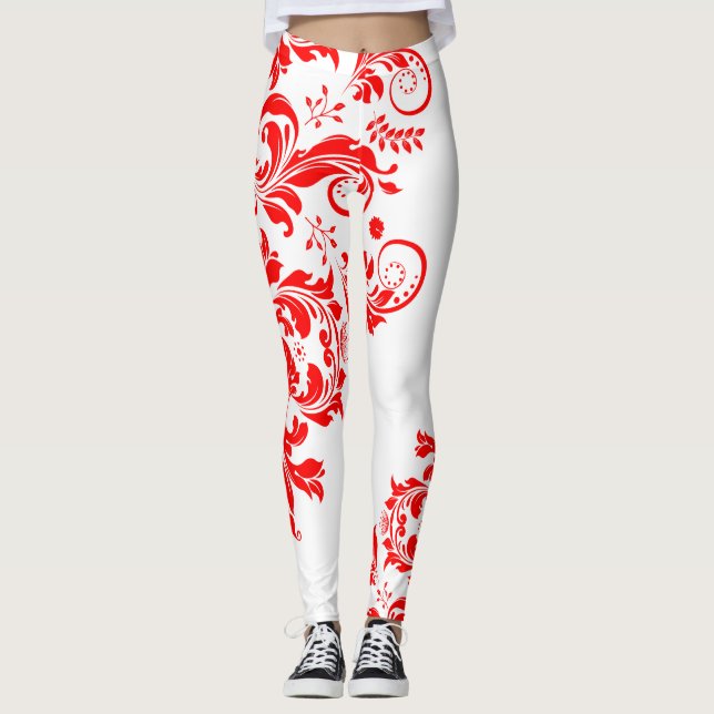 Leggings Diseño asimétrico de encaje floral rojo y blanco (Anverso)