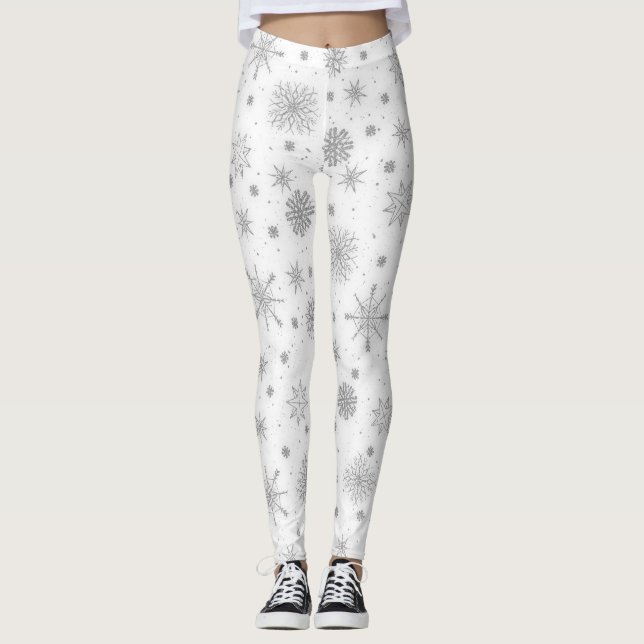 Leggings Diseño blanco de copos de nieve de plata (Anverso)