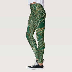 Leggings Diseño Botánico de Planta de Follaje Verde Oro Mod