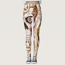 Leggings Diseño de calavera de azúcar steampunk marrón y ne