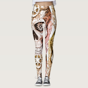 Leggings Diseño de calavera de azúcar steampunk marrón y ne