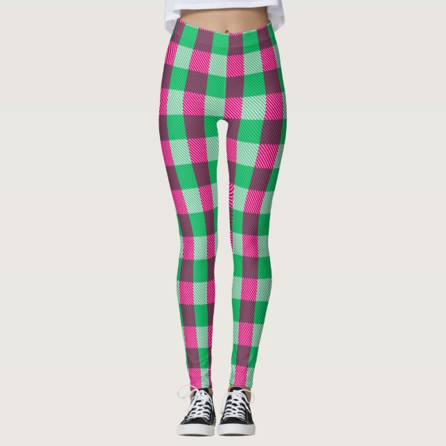 Leggings Diseño de cheques de Gingham verde rosa (Anverso)