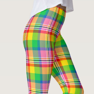 Leggings Diseño de cuadros Madras de color rosa verde y ama