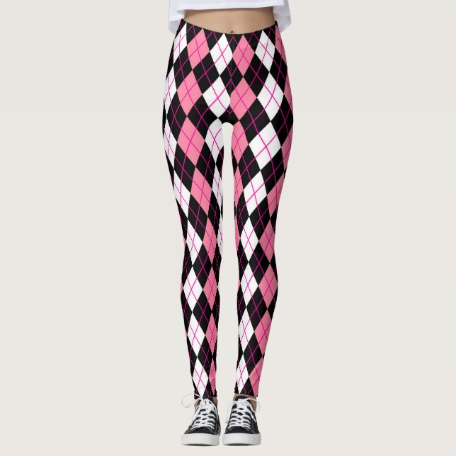 Leggings Diseño de diamante Argyle rosa negro blanco (Anverso)