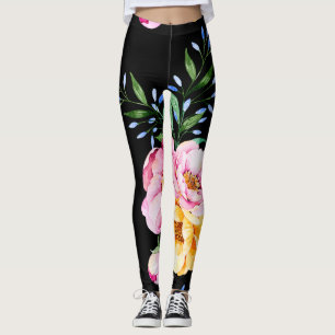 Leggings Diseño de flores y hojas en negro
