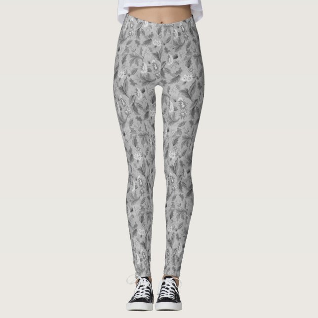 Leggings Diseño de fondo floral gris y blanco (Anverso)