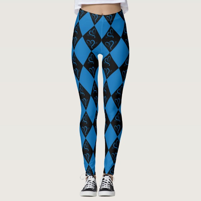 Leggings Diseño de Harlequin azul y negro de Swirly Hearts (Anverso)