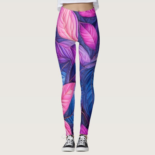 Leggings Diseño de hojas rosadas púrpuras azules curvadas (Anverso)