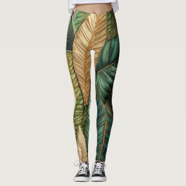 Leggings Diseño de hojas tropicales verdes doradas