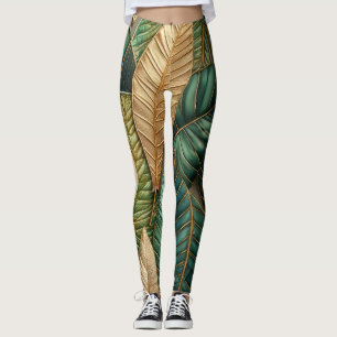 Leggings Diseño de hojas tropicales verdes doradas