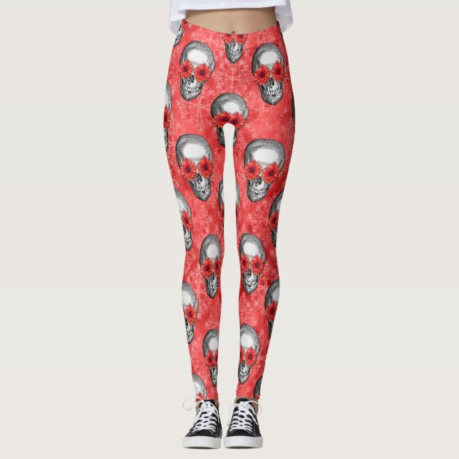 Leggings Diseño de la serie de cráneos rojos y girasoles 13 (Anverso)