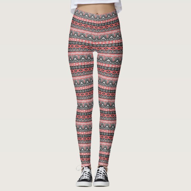 Leggings Diseño de patrón azteca gris rojo lindo (Anverso)