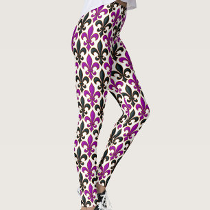 Leggings Diseño de patrón barroco de flor de lis negro púrp
