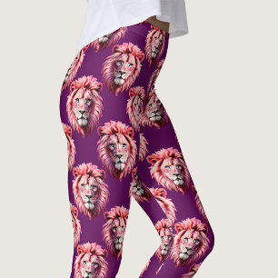 Leggings Diseño de patrón de animal cabeza de león rosa púr