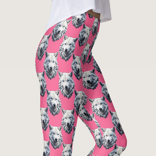 Leggings Diseño de patrón de cabeza de lobo blanco rosa