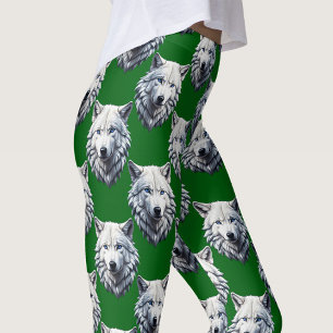 Leggings Diseño de patrón de cabeza de lobo blanco verde 