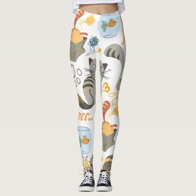 Leggings Diseño de patrón de gato Personalizado de Naranja  (Anverso)