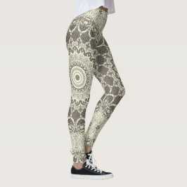 Leggings Diseño de patrón de mandala beige y taupe