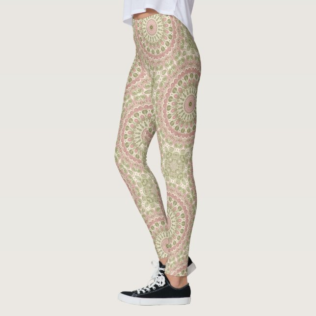 Leggings Diseño de patrón de mandala rosa y verde (Izquierda)