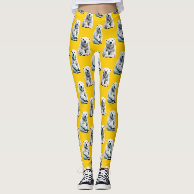 Leggings Diseño De Patrón De Oso Polar En Amarillo (Anverso)