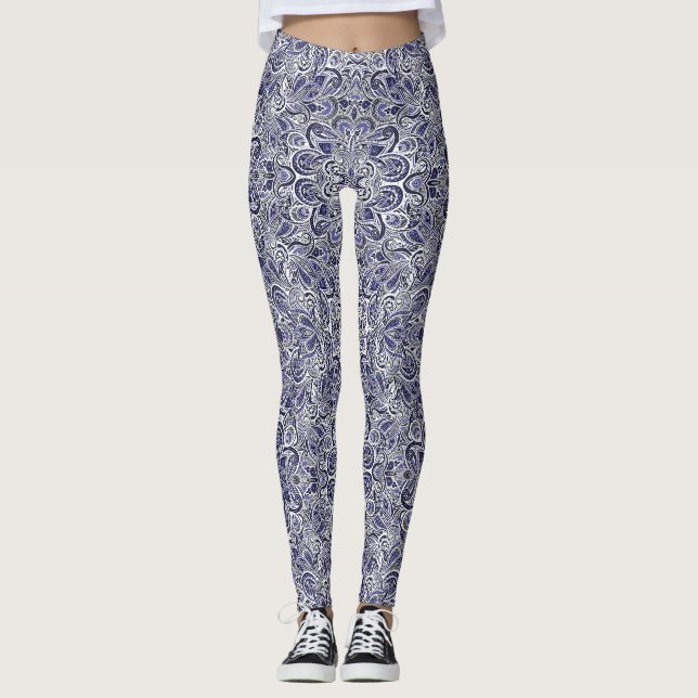 Leggings Diseño de patrones de cachemira azules blancos lin (Anverso)