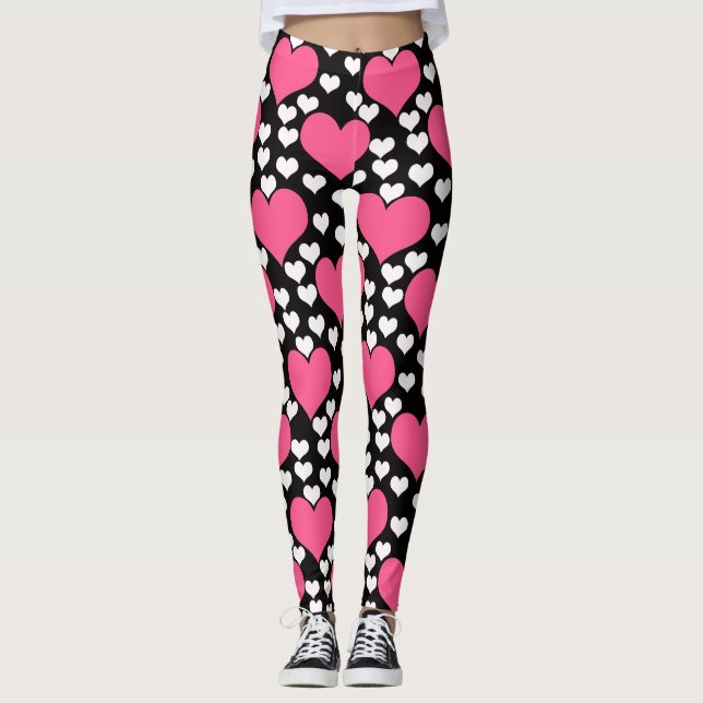 Leggings Diseño de patrones de corazón de amor blanco rosad (Anverso)