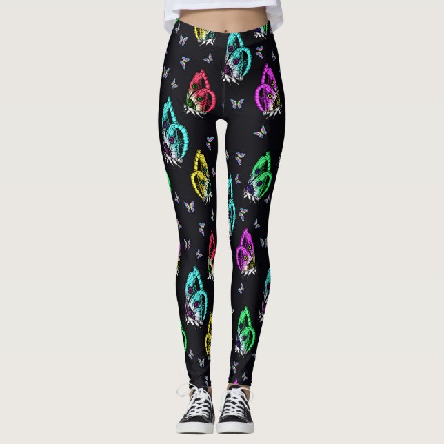 Leggings Diseño de patrones de mariposa negra coloridos (Anverso)