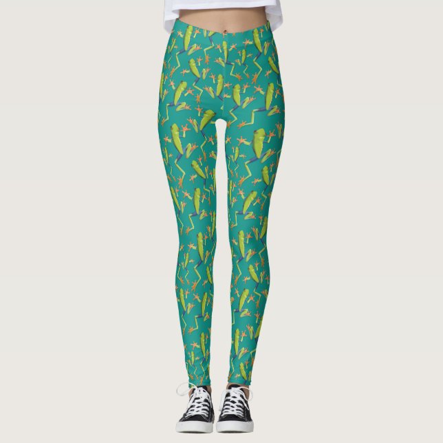 Leggings Diseño de patrones de rana de árbol de vegetación (Anverso)
