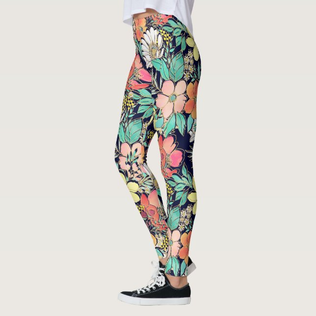 Leggings Diseño de Strokes Dorados con flores de color rosa (Izquierda)