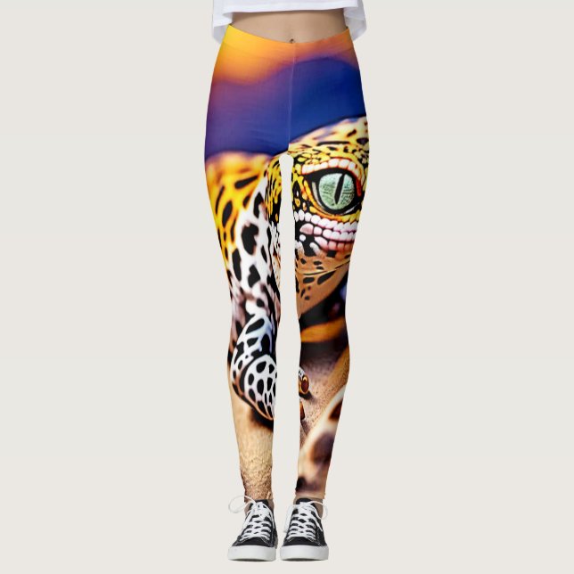 Leggings Diseño del desierto Cute Leopard Gecko Sunset (Anverso)