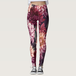 Leggings Diseño del patrón Dahlia rosa rojo acuarela