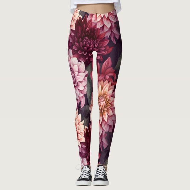 Leggings Diseño del patrón Dahlia rosa rojo acuarela (Anverso)