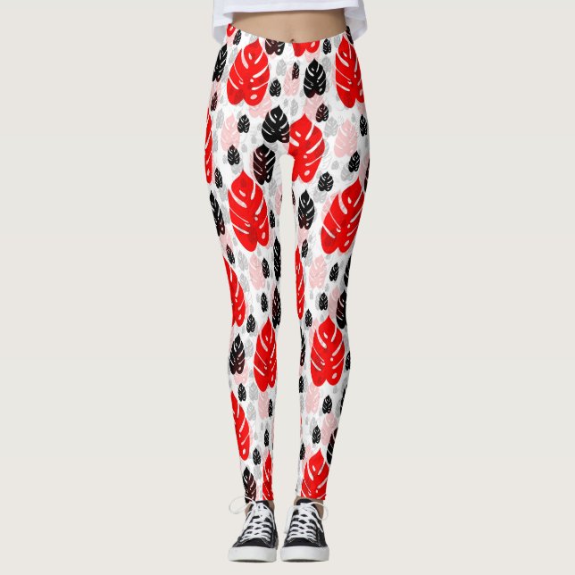 Leggings Diseño del patrón de Ilustracion de hoja negra roj (Anverso)