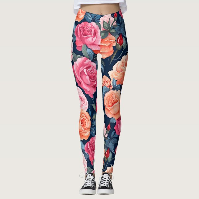 Leggings Diseño del patrón de Rosas de Naranja rosado rojo (Anverso)
