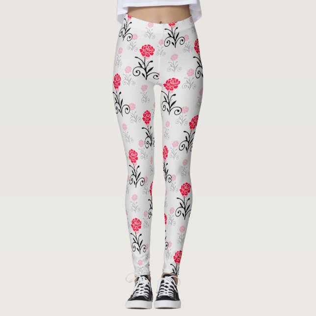 Leggings Diseño del patrón de trazos de flores rojas (Anverso)