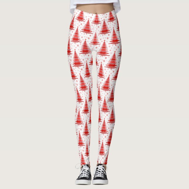 Leggings Diseño del patrón rojo del árbol de Navidad (Anverso)