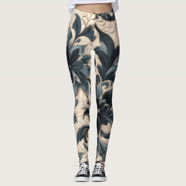 Leggings Diseño floral azul marino y crema curvada (Anverso)
