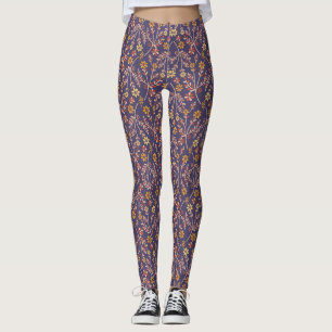 Leggings Diseño floral caprichoso con vides sobre fondo púr