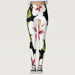 Leggings Diseño floral de Hibiscus blanco sobre fondo negro