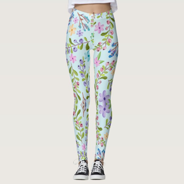 Leggings Diseño floral de verano con hojas verdes suaves (Anverso)