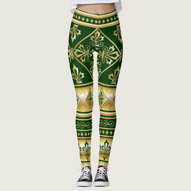 Leggings Diseño gaélico celta blanco de oro verde oscuro (Anverso)