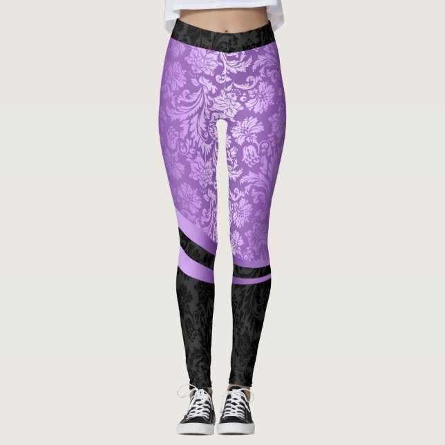 Leggings Diseño geométrico de damascos morados y negros (Anverso)