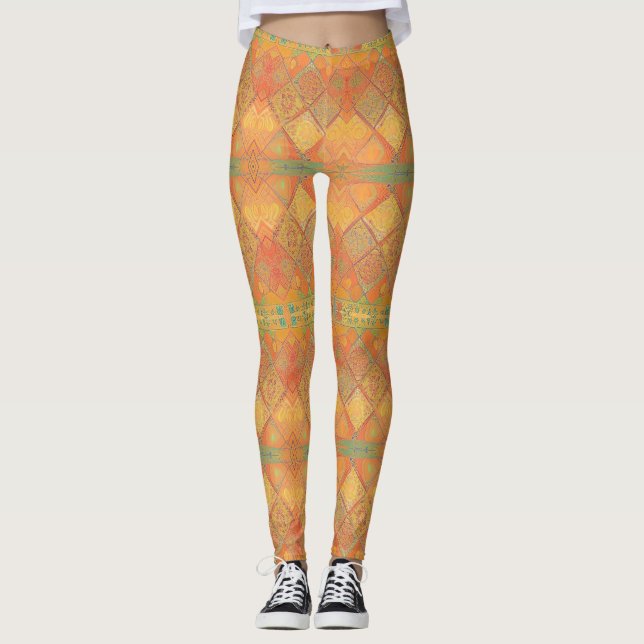 Leggings Diseño geométrico de jade de naranja ámbar mosaico (Anverso)