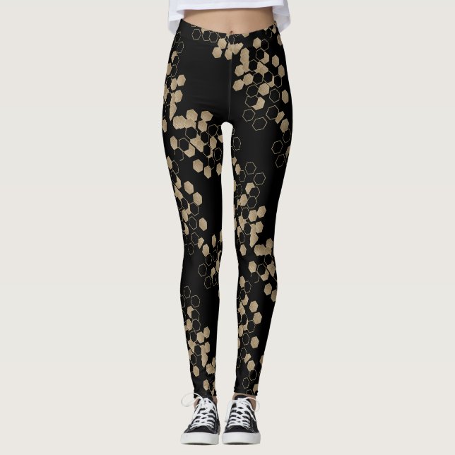Leggings diseño geométrico elegante de hexágono negro y oro (Anverso)