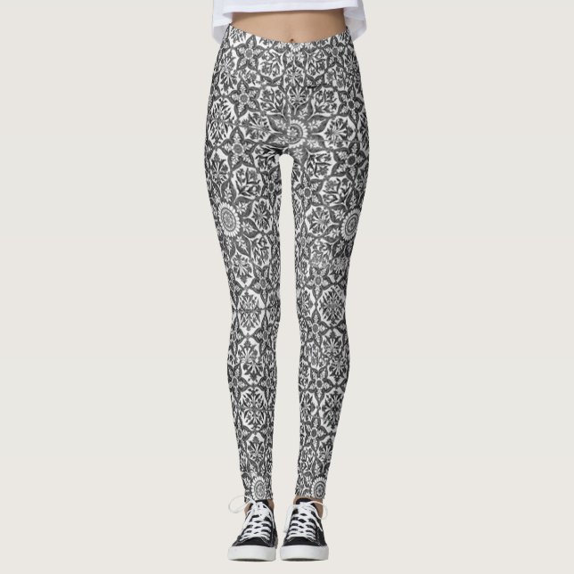 Leggings Diseño Geométrico Y Floral Islámico Blanco Y Negro (Anverso)