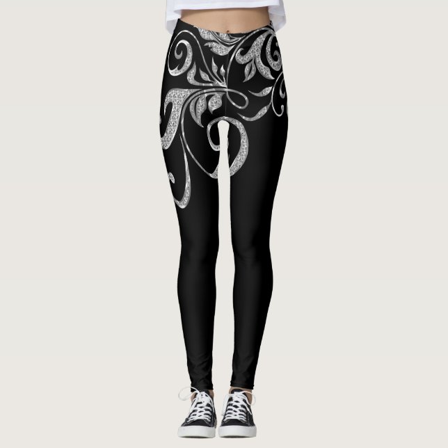 Leggings Diseño Girly Swirls Purpurina de plata blanca (Anverso)